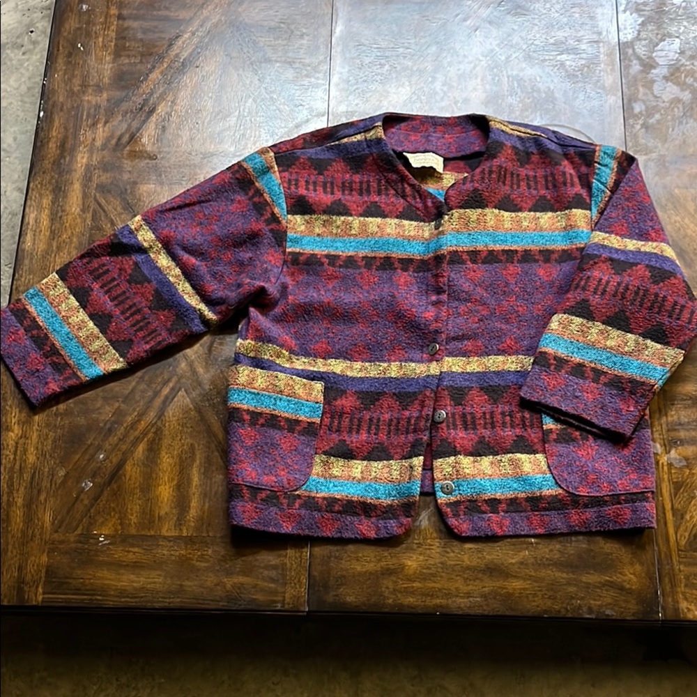 ‘Bonjour’ Colorful Patterned Jacket with silver accented buttons.